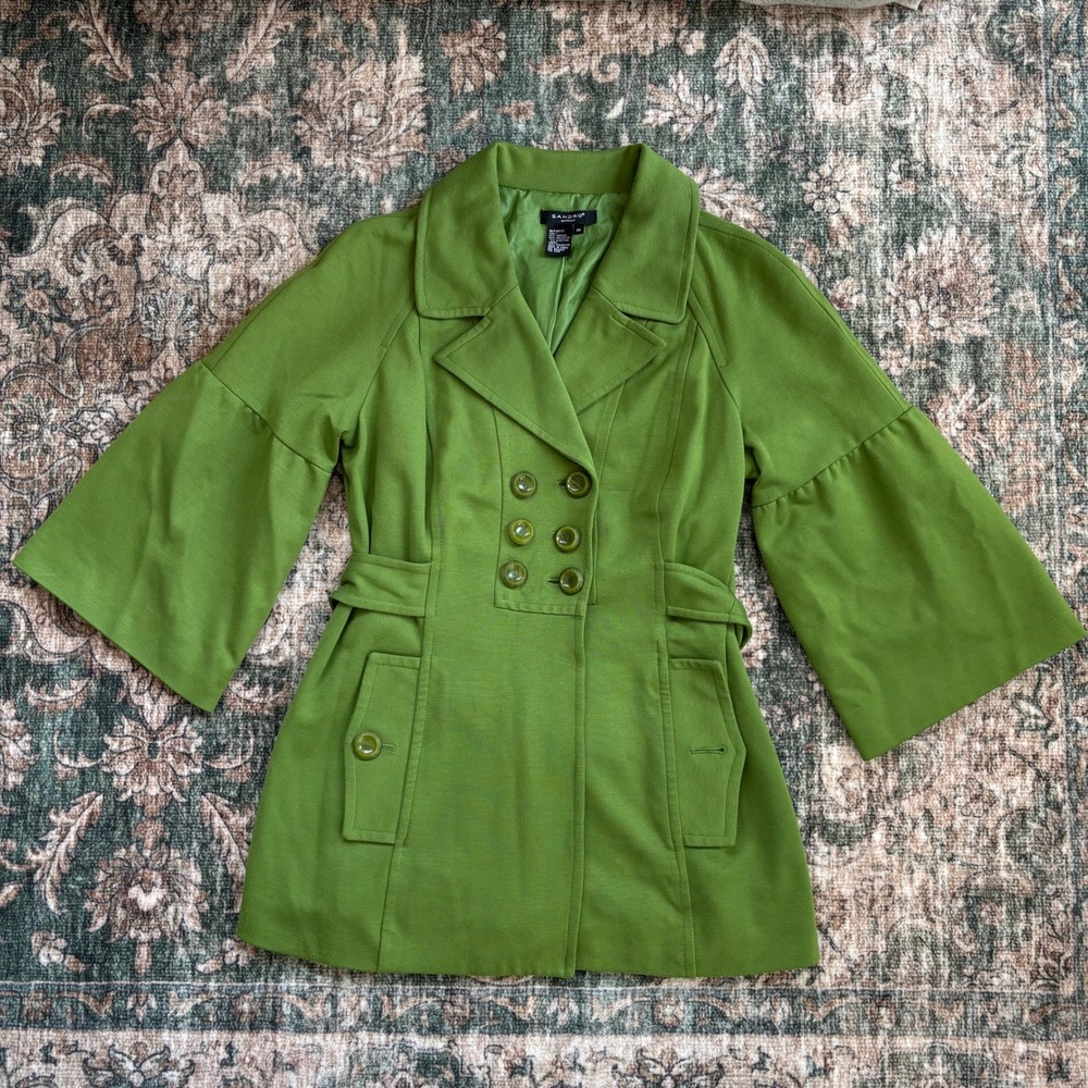 00s Sandro Sportswear 60s Mod Style Trench Coat Apple‎ Green Bell Sleeve Medium